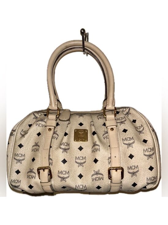 MCM Handbags - MCM Cream Satchel Bag with Monogram Design